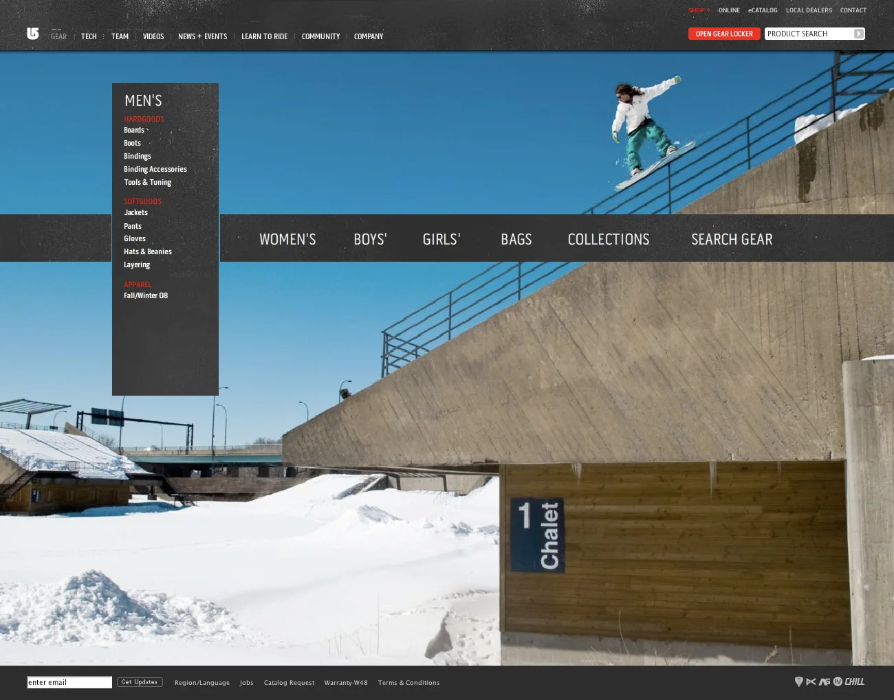 Burton gear landing page with a full-bleed photo of a rider on a rail