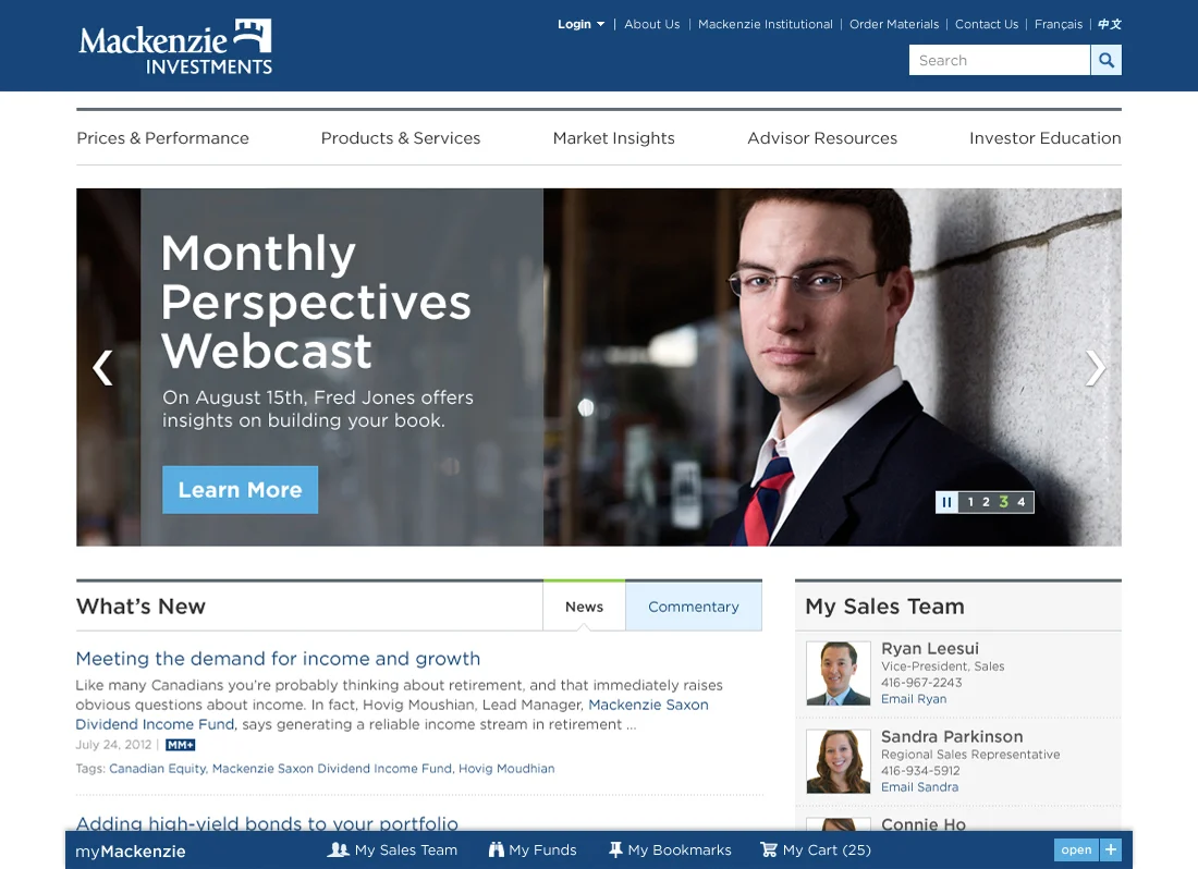 Mackenzie Investments home page with a webcast hero and the myMackenzie toolbar